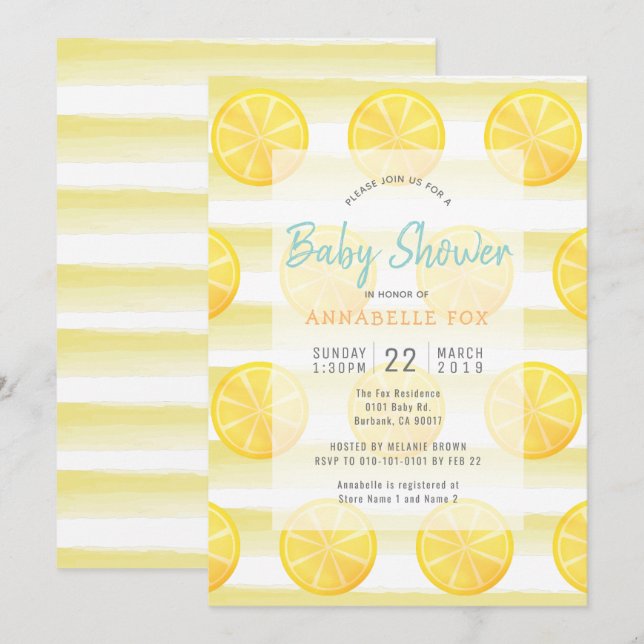 Inbjudan till Lemon & Rand Watercolor Baby Shower (Fram/baksida)