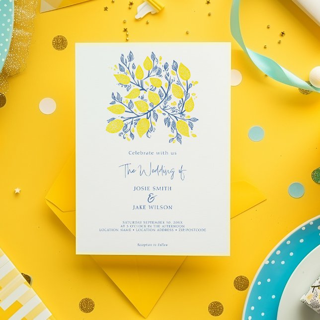Inbjudan till Lemon Vine Wedding (Bright yellow and blue delightful lemon branch illustration wedding invitation.)