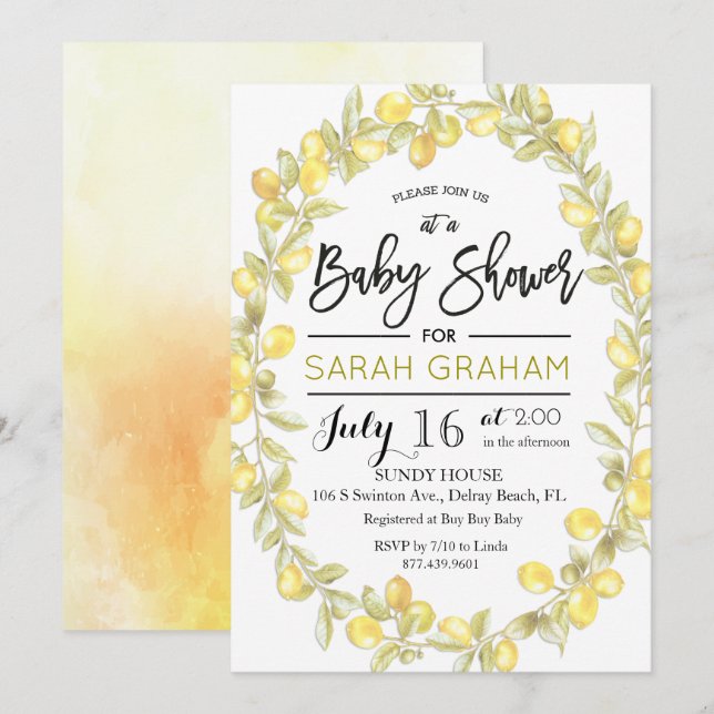 Inbjudan till Lemon Watercolor Baby Shower (Fram/baksida)