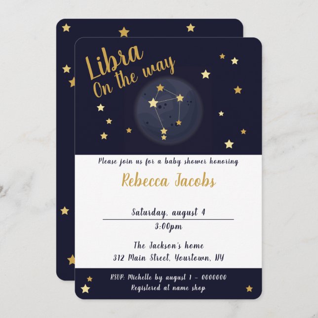 Inbjudan till Libra zodiac Baby Shower (Fram/baksida)