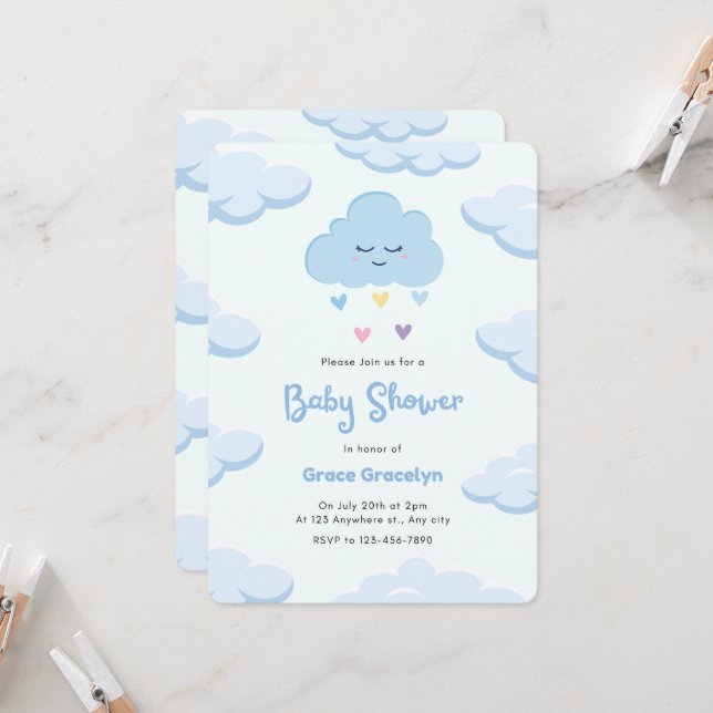 Inbjudan till Light Blue Minimalist Baby Shower (Fram/Back In Situ)