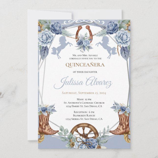Inbjudan till Light Blue Western Charra Quinceaner (Framsida)