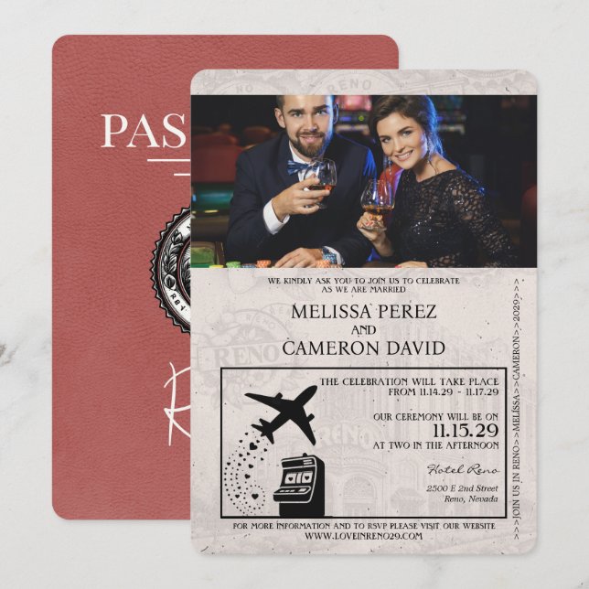 Inbjudan till Light Burgundy Reno Passport Wedding (Fram/baksida)