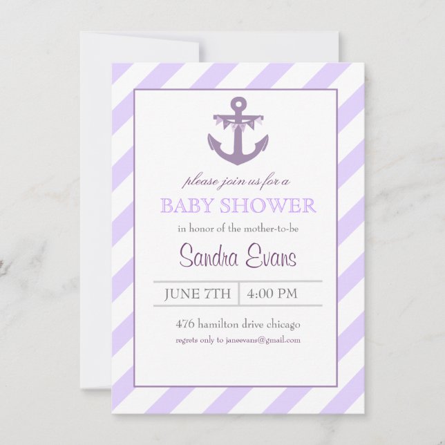 Inbjudan till lila Ahoy Anchor Baby Shower (Framsida)
