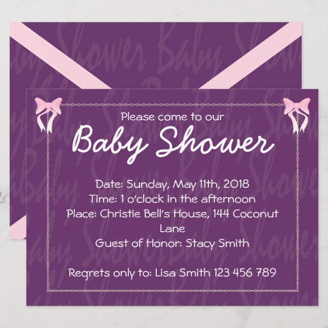 Inbjudan till Lila av Rosa Bow Flicka Shower (Fram/baksida)