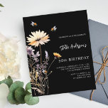 Inbjudan till lila av Wildblomsvart gult<br><div class="desc">En svart bakgrund. Dekorerad med bin och målade vilda blommor i violett och rosa. Anpassa och lägg till information om namn och party. Vit text. 1 lakan = 1 inbjudan tryckt kant till kant.</div>