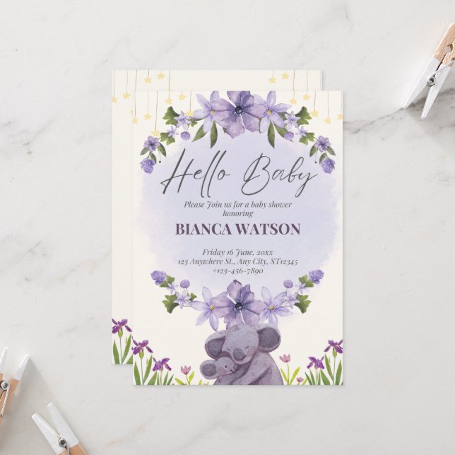 Inbjudan till lila Beige Cute Baby Shower (Fram/Back In Situ)