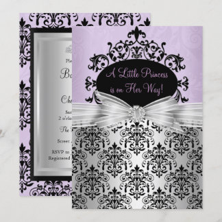 Inbjudan till lila Black Damask Baby Shower