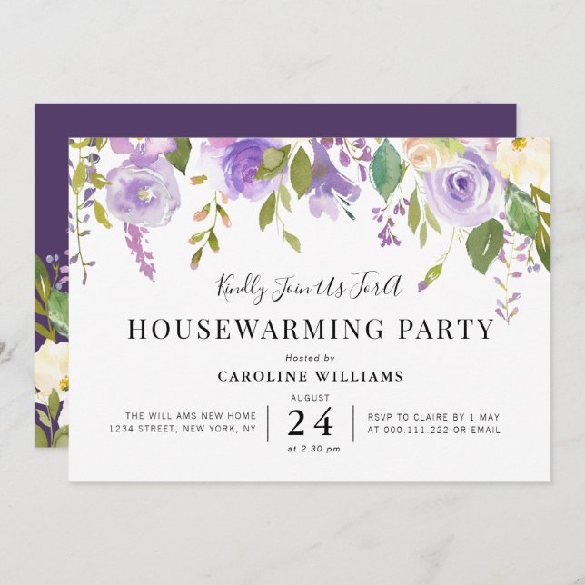 Inbjudan till lila blommigt-hemmavärmarpart (Fram/baksida)