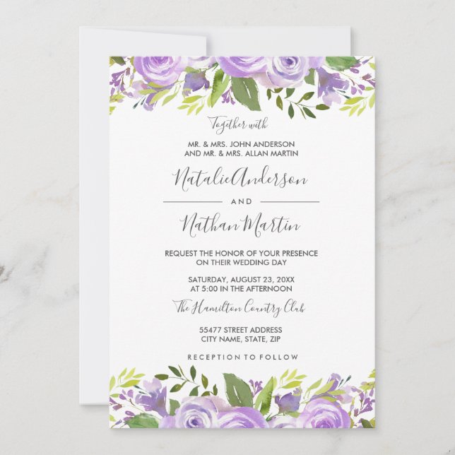 Inbjudan till lila Blommigt Ro Watercolor Wedding (Framsida)