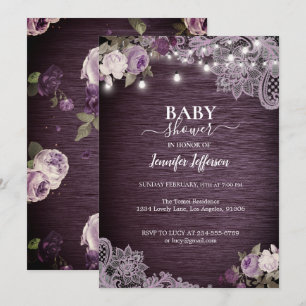 Inbjudan till lila Blommigt Rustic Baby Shower