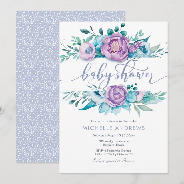 Inbjudan till lila blommor Baby Shower (Fram/baksida)