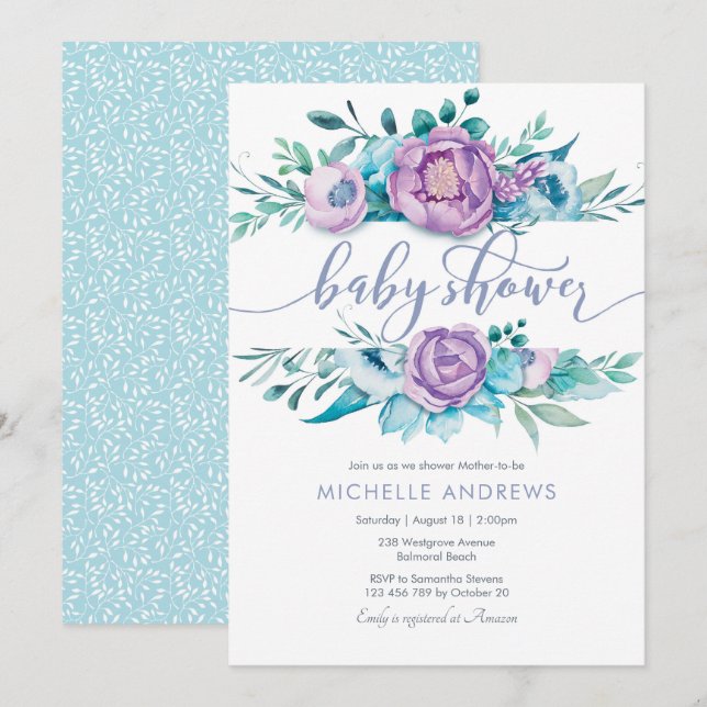Inbjudan till Lila blommor Baby Shower (Fram/baksida)