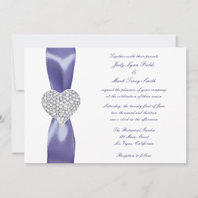 Inbjudan till lila Blue Diamond Heart Wedding (Framsida)