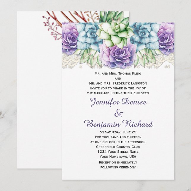 Inbjudan till lila Blue Grönt Watercolor Succulent (Fram/baksida)