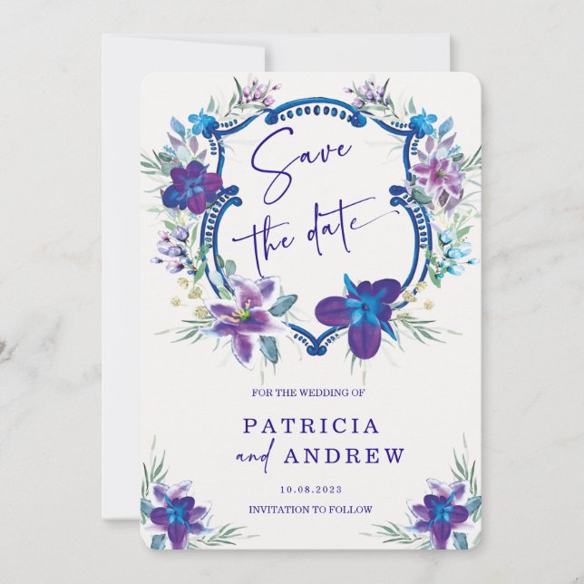 Inbjudan till lila Blue Orchid Bröllop spara datum (Framsida)