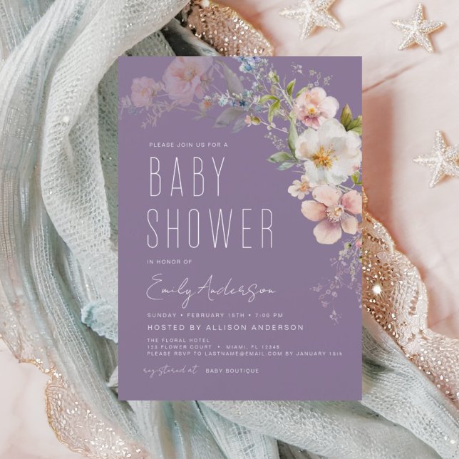 Inbjudan till lila Boho Wildblomma Baby Shower Flygblad (Skapare uppladdad)