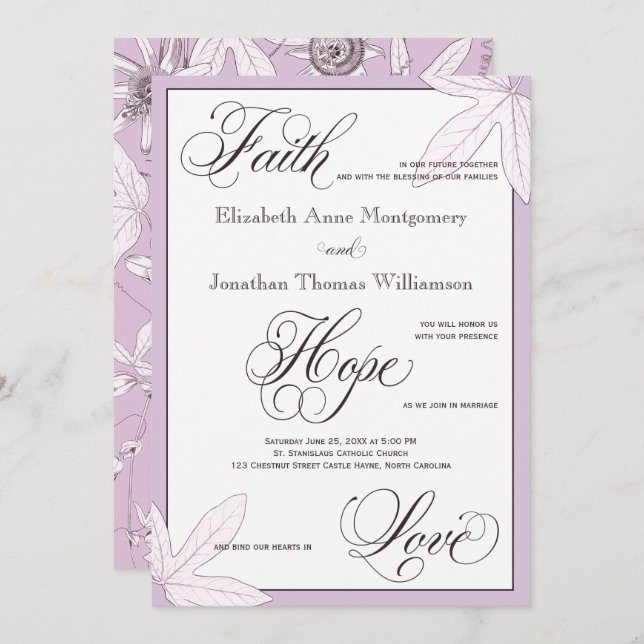 Inbjudan till lila botaniskt kristet bröllop (Fram/baksida)