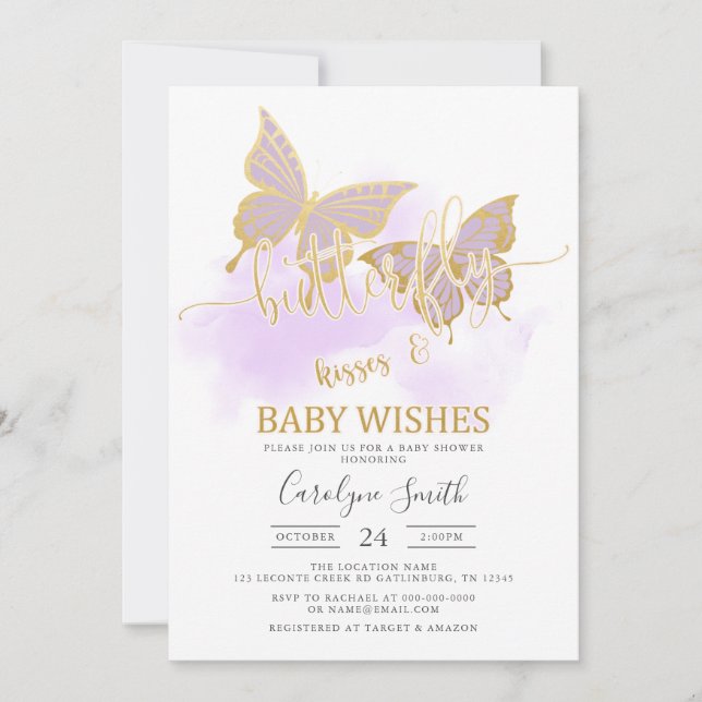 Inbjudan till lila Butterfly Baby Shower (Framsida)