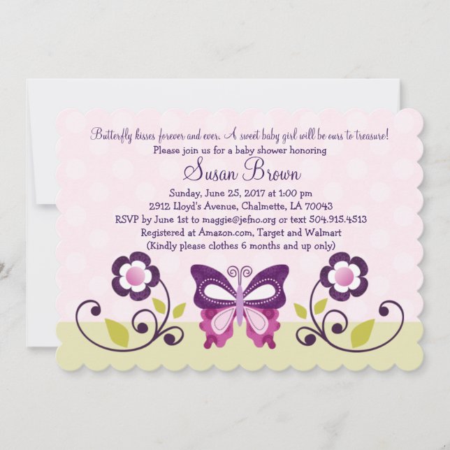 Inbjudan till lila Butterfly & Flowers Baby Shower (Framsida)