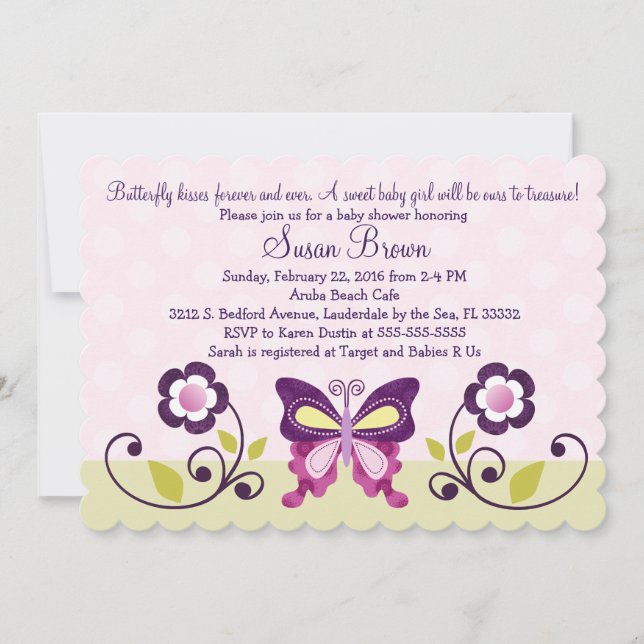 Inbjudan till lila Butterfly & Flowers Baby Shower (Framsida)