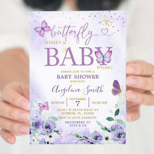 Inbjudan till lila Butterfly Kisses och Baby Önske