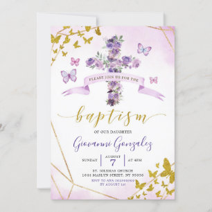 Inbjudan till lila Butterfly och Blommigt Baptism