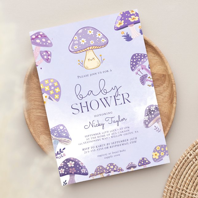 Inbjudan till lila Cute Mushroom Baby Shower (Skapare uppladdad)