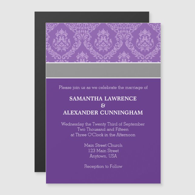 Inbjudan till lila Damask Magnetic Wedding Magnetisk Inbjudningskort (Fram/baksida)