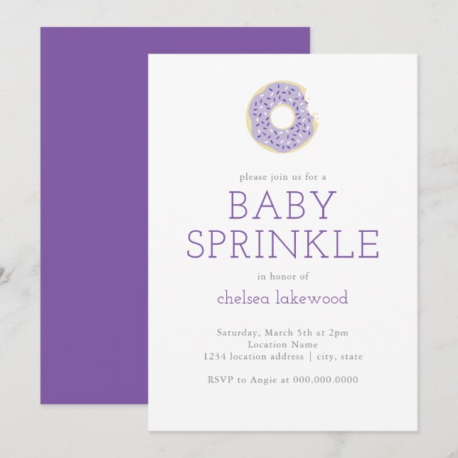 Inbjudan till lila Doughnut Baby Sprinkle Shower (Fram/baksida)