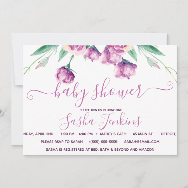 Inbjudan till lila Evu-Blommigten för babyskor (Framsida)