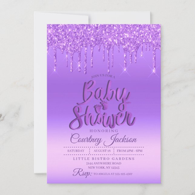 Inbjudan till lila Glitter Drip Baby Shower (Framsida)