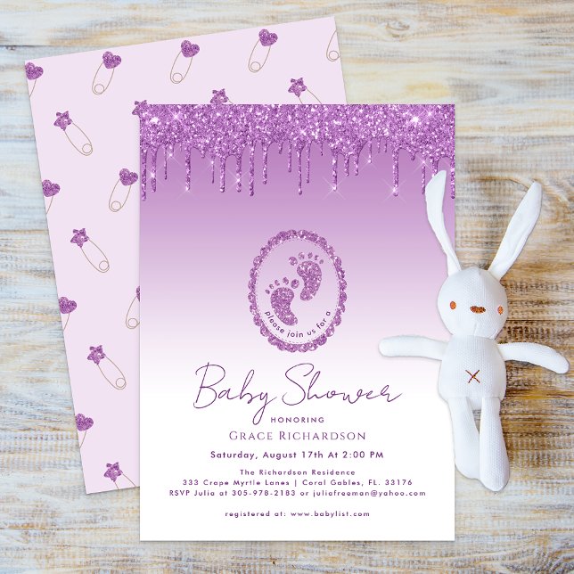 Inbjudan till lila Glitter Drip Baby Shower (Purple Glitter Baby Shower Invite)