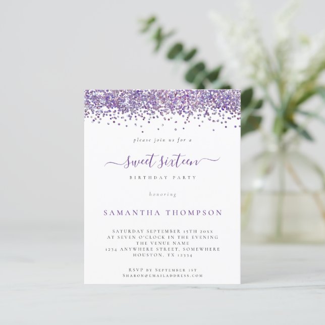Inbjudan till Lila Glitter Sweet sixteen (Stående Fram)