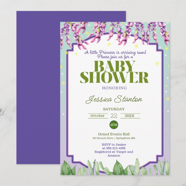 Inbjudan till lila Grönt och Rosa Baby Shower (Fram/baksida)