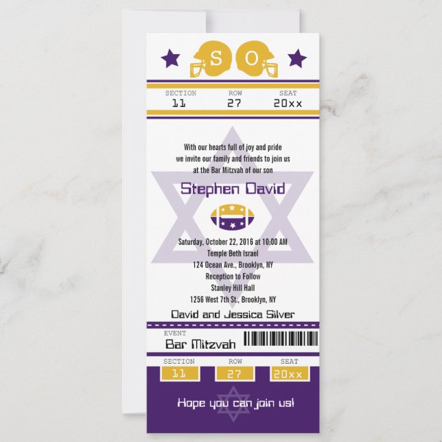 Inbjudan till lila Guld Pub Mitzvah-fotbollen Bilj (Framsida)