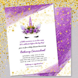 Inbjudan till lila Guld Unicorn Baby Shower