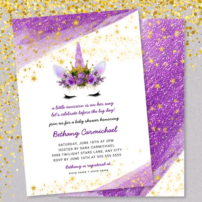 Inbjudan till lila Guld Unicorn Baby Shower (Skapare uppladdad)
