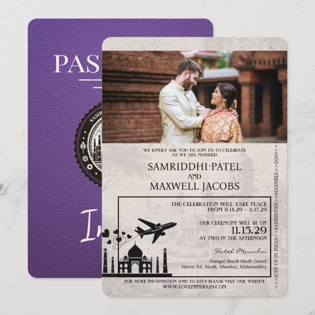 Inbjudan till lila India Passport Wedding (Fram/baksida)