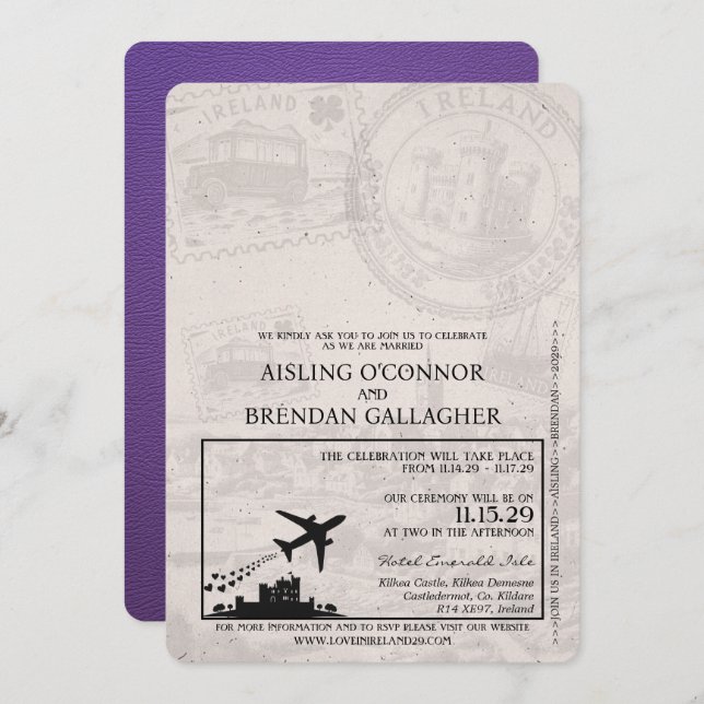 Inbjudan till lila Ireland Passport Wedding (Fram/baksida)