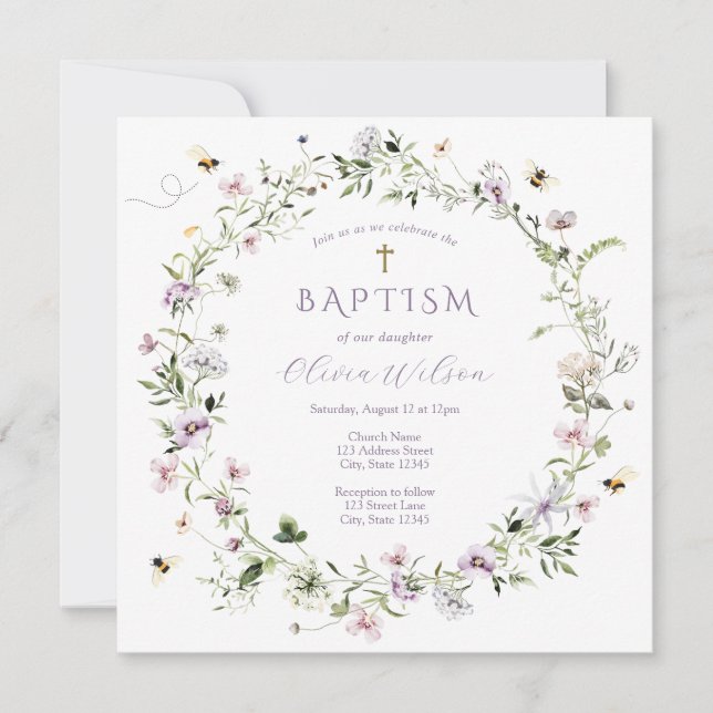 Inbjudan till lila känslig Wildblomsterbaptism (Framsida)