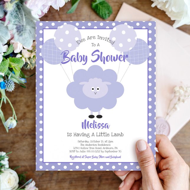 Inbjudan till lila Lamb Budget Cute Baby Shower (Skapare uppladdad)