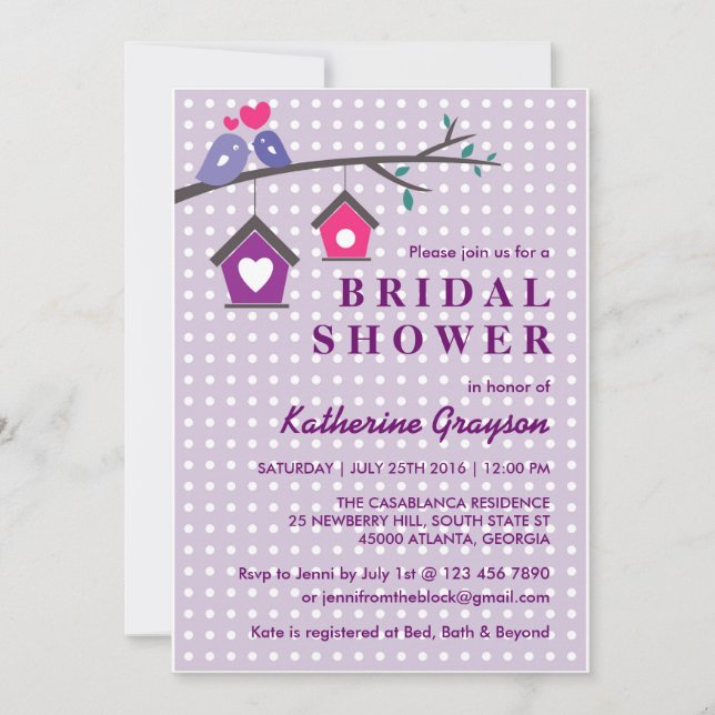 Inbjudan till lila Lavender Love birds Polka dots (Framsida)