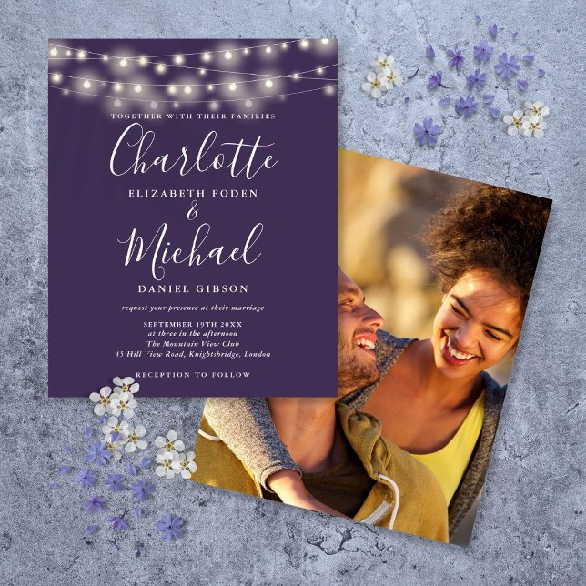 Inbjudan till Lila Ljus fotobröllop (Budget Purple Lights Photo Wedding Invitation)