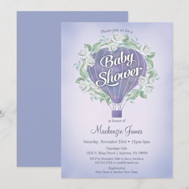 Inbjudan till lila Luftballong Baby Shower (Fram/baksida)