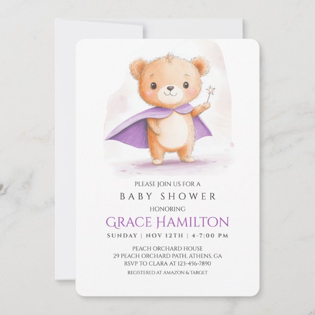 Inbjudan till lila Magic Bear Baby Shower för flic (Framsida)