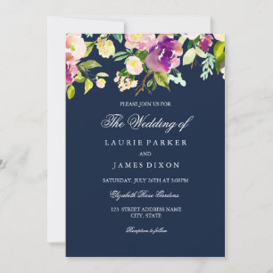 Inbjudan till lila Navy Blommigt Elegant bröllop