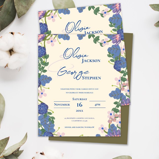 Inbjudan till lila och blått Blommigt, romantiskt  (Purple and Blue Floral Romantic Wedding Invitation)