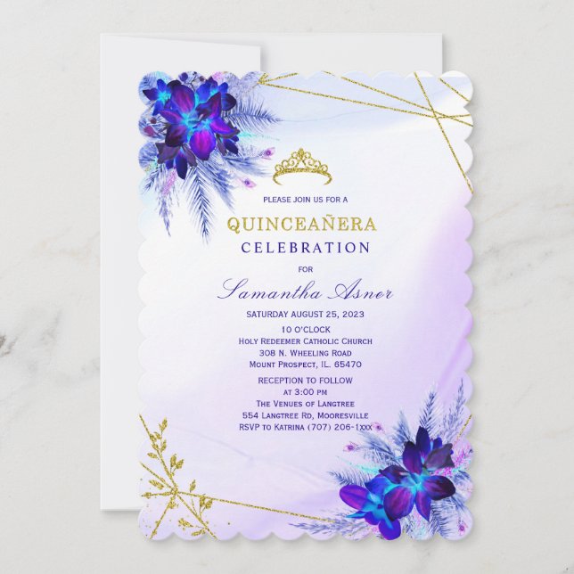 Inbjudan till lila och Blue Orchid Quinceañera (Framsida)