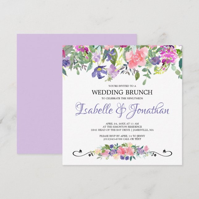 Inbjudan till lila och Rosa Blommigt Bröllop Brunc (Fram/baksida)